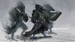  2018 anthro avian avian_feet bag barefoot beak bird black_beak black_eyes book claws clothed clothing corvid corvus_(genus) crow dagger digital_media_(artwork) dungeons_and_dragons feet group hasbro holding_book holding_object illusion kenku loose_feather magic male melee_weapon oscine passerine quill robe sash simple_background standing themefinland toe_claws weapon wizards_of_the_coast 