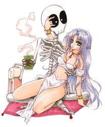  bare_legs blue_hair breasts choker cleavage commentary_request crop_top cup dress female full_body green_eyes half_updo kneeling light_blue_hair long_hair madou_monogatari medium_breasts mugetsu_(arado234) puyopuyo rulue_(puyopuyo) skeleton skeleton_t smile strapless thermos tube_top white_background 