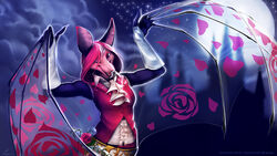  anthro art_nouveau bat biped castle clothing crystal eye_patch eyewear female flower fur hair knight kuroseishin looking_at_viewer mammal melee_weapon membrane_(anatomy) membranous_wings moon night nyxis pink_body pink_fur pink_hair plant rose_(flower) royalty solo standing sword uniform vines warrior weapon wings 