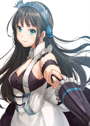  apron azur_lane blue_eyes blue_sky blush breasts brown_hair closed_umbrella commentary_request corset dress female frills hair_ornament hairband highres juliet_sleeves kelly_0w0 long_hair long_sleeves looking_at_viewer maid medium_breasts newcastle_(azur_lane) parasol puffy_sleeves ribbon sideboob simple_background sky smile solo umbrella waist_apron white_background 