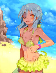  1boy bad_id bad_pixiv_id beach bikini bikini_top_only blue_hair bracelet commentary_request crossdressing day dutch_angle ediblepanda eyepatch inazuma_eleven inazuma_eleven_(series) jewelry long_hair male_focus navel orange_eyes sakuma_jirou skirt solo swimsuit yellow_bikini 