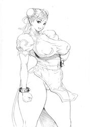  bonten breasts bun_cover cameltoe capcom china_dress chinese_clothes chun-li double_bun dress female female highres huge_breasts kicking_thighs looking_at_viewer monchrome monochrome pantyhose pelvic_curtain scan short_hair smile solo street_fighter thick_thighs thighs traditional_media 