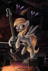  2015 amp blonde_hair cutie_mark derpy_hooves detailed_background electric_guitar electronics english_text equid equine feathered_wings feathers female feral flying friendship_is_magic grey_body grey_feathers guitar hair hasbro hi_res mammal microphone musical_instrument my_little_pony mythological_creature mythological_equine mythology pegasus plucked_string_instrument ponykillerx solo speaker stage string_instrument text wings yellow_eyes 