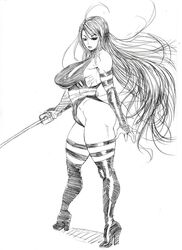  blush bonten breasts curvy female female huge_breasts leotard long_hair marvel monochrome nipples psylocke solo standing sword thick_thighs thong_leotard 