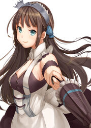  apron azur_lane blue_eyes blue_sky blush breasts brown_hair closed_umbrella commentary_request corset dress female frills hair_ornament hairband highres juliet_sleeves kelly_0w0 long_hair long_sleeves looking_at_viewer maid medium_breasts newcastle_(azur_lane) parasol puffy_sleeves ribbon sideboob simple_background sky smile solo umbrella waist_apron white_background 