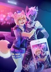  anthro blue_eyes canid canine caninelove canis cellphone clothed clothing digital_media_(artwork) domestic_dog electronics femboy green_eyes heterochromia hi_res holding_object male mammal nightclub phone photo piercing shaded tay_mizami 