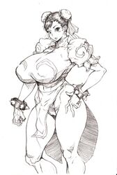  bonten breasts bun_cover cameltoe capcom china_dress chinese_clothes chun-li curvy double_bun dress female female gigantic_breasts greyscale highres kicking_thighs looking_at_viewer monochrome pantyhose pelvic_curtain scan short_hair smile solo street_fighter thick_thighs thighs toned traditional_media 