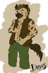  2:3 anthro belt bottomwear brown_body brown_fur claws clothed clothing drales fangs fur hair hyena male mammal pants simple_background solo spotted_hyena teeth topwear turles vest 