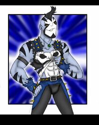  2014 abs absurd_res alien ben_10 black_bars bulge cartoon_network clothing hi_res jewelry letterbox male mohawk muscular muscular_male necklace not_furry pose rcc2002 revonnahgander rook_blonko shirt solo stripes topwear torn_clothing torn_shirt torn_topwear 