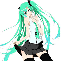  bad_id bad_pixiv_id commentary_request female green_eyes green_hair hatsune_miku long_hair necktie simple_background skirt skirt_hold smile solo suu2510 thighhighs twintails very_long_hair vocaloid white_background 