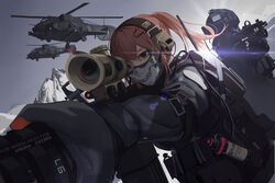  absurdres aiming aircraft assault_rifle balaclava battle_rifle black_soldier bulletproof_vest cable commentary elbow_pads english_commentary explosive female gloves goggles grenade gun headphones helicopter helmet highres holding holding_gun holding_weapon load_bearing_vest long_sleeves mask military mountain mouth_mask original outdoors photoshop_(medium) pocket ponytail pouch red_eyes rifle short_hair sky weapon 