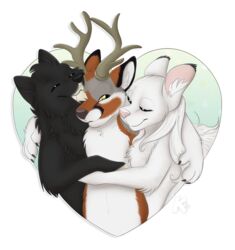  2017 ambiguous_gender anthro antlers black_body black_fur canid canine fur group horn hug kwik_(artist) mammal simple_background white_background white_body white_fur yellow_eyes 