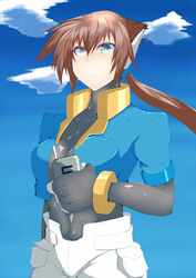  aile alternate_breast_size bangs bodysuit bracelet breasts brown_hair capcom cloud female green_eyes hair_between_eyes holding jacket long_hair looking_up medium_breasts open_jacket pocket ponytail rockman rockman_zx rockman_zx_advent short short_jacket sidelocks sky solo standing tgxx3300 tight 