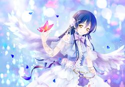  arm_up bare_shoulders blue_hair bug butterfly closed_mouth commentary_request cowboy_shot dress feathered_wings female flower frills hair_between_eyes hair_flower hair_ornament kururi_(oekaki_nikki) long_hair looking_at_viewer love_live! love_live!_school_idol_festival love_live!_school_idol_project ribbon smile solo sonoda_umi wings x_hair_ornament 