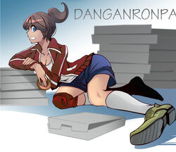  asahina_aoi blue_eyes blue_shorts box breasts brown_hair cleavage commentary_request danganronpa:_trigger_happy_havoc danganronpa_(series) dark-skinned_female dark_skin doughnut female food grin hair_ornament hairclip jacket medium_breasts ponytail short_hair shorts smile solo total9 track_jacket 