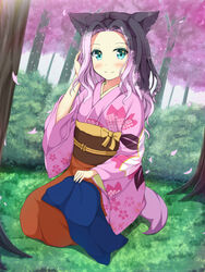  animal_ears blue_eyes blush bow bush cherry_blossoms commentary_request female forehead fox_ears fox_tail grass hair_ribbon hairbow japanese_clothes kimono konohana_kitan long_hair long_sleeves nakai_(waitress) obi petals pink_bow pink_hair pink_ribbon ren_(konohana_kitan) ribbon sash smile solo tail tree tsuyukina_fuzuki wavy_hair 