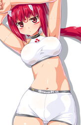  armpits arms_up bad_id bad_pixiv_id breasts busou_shinki dd_(ijigendd) doll_joints female joints long_hair medium_breasts mizuki_(busou_shinki) navel ponytail red_eyes red_hair shadow simple_background solo thigh_gap white_background 