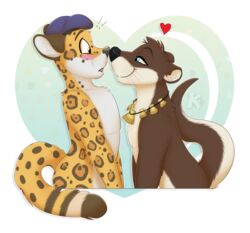  2017 anthro blue_eyes blush clothing duo felid fur happy hat headgear headwear heart_symbol jaguar jewelry kwik_(artist) male male/male mammal mustelid necklace nude orange_eyes otter pantherine simple_background 