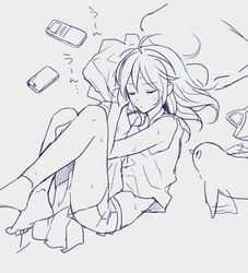  1boy ahoge bad_id bad_pixiv_id bird cellphone character_request closed_eyes commentary_request ediblepanda inazuma_eleven inazuma_eleven_(series) long_hair male_focus miyasaka_ryou monochrome otoko_no_ko penguin phone sleeping solo sweat 