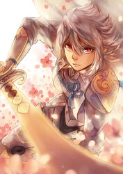  1boy anocurry armor cape cherry_blossoms closed_mouth commentary_request corrin_(fire_emblem) corrin_(male)_(fire_emblem) fighting_stance fire_emblem fire_emblem_fates gloves grey_hair hair_between_eyes highres katana looking_at_viewer male_focus pauldrons petals photoshop_(medium) pointy_ears red_eyes shoulder_armor single_pauldron solo sword weapon 