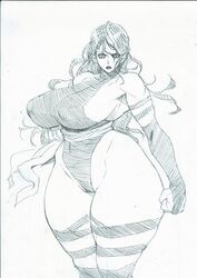  blush bonten breasts curvy female female gigantic_breasts leotard long_hair looking_ar_viewer marvel monochrome nipples psylocke standing thong_leotard 