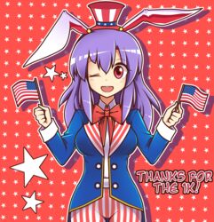  ;d absurdres american_flag american_flag_hat american_flag_print animal_ears blush bow bowtie breasts coat commentary dual_wielding english_commentary english_text female flag_print fourth_of_july hat highres holding large_breasts light_purple_hair long_hair looking_at_viewer majormilk milestone_celebration mini_flag mini_hat one_eye_closed open_mouth pants purple_hair rabbit_ears red_background red_eyes reisen_udongein_inaba smile solo star_(symbol) starry_background striped_clothes striped_pants teeth touhou united_states upper_body wool_(miwol)_(style) 