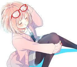  :t blush cardigan closed_eyes commentary_request eyelashes eyewear_on_head female glasses kuriyama_mirai kyoukai_no_kanata long_sleeves nmunco pantyhose pink_hair pout red-framed_eyewear school_uniform short_hair simple_background sitting skirt solo white_background 