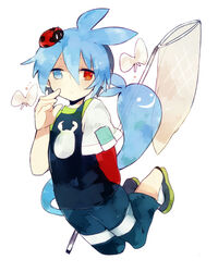  1boy ahoge arm_behind_back bad_id bad_pixiv_id blue_eyes blue_hair bug capri_pants full_body hand_net heterochromia jumping ladybug male_focus meiji_(meeeeji) moth pants puyopuyo puyopuyo_fever red_eyes shirt shoes sig_(puyopuyo) solo white_background 