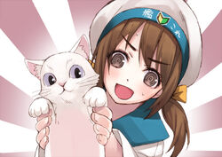  :d @_@ bad_id bad_pixiv_id batsubyou brown_hair donald_duck_sailor_hat error_musume feline female girl_holding_a_cat_(kancolle) grey_eyes hair_ribbon hat holding humanization kantai_collection long_hair matsuryuu open_mouth photoshop_(medium) ribbon rising_sun_flag sailor sailor_hat shoshinsha_mark smile solo sunburst sunburst_background twintails v-shaped_eyebrows 