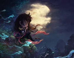  1boy closed_eyes commentary_request cporing dated fantasy flute grass highres instrument leaf male_focus maplestory moon night night_sky outdoors photoshop_(medium) shade_(maplestory) sky solo tree 