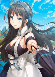  apron azur_lane blue_eyes blue_sky blush breasts brown_hair closed_umbrella cloud cloudy_sky commentary_request corset day dress female flower frills garden hair_ornament hairband highres juliet_sleeves kelly_0w0 lake long_hair long_sleeves looking_at_viewer maid medium_breasts newcastle_(azur_lane) outdoors parasol plant puffy_sleeves ribbon sideboob sky smile solo sunlight tree umbrella waist_apron water 