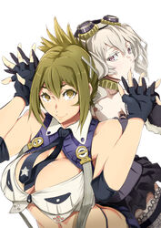  2girls bare_shoulders black_gloves breasts brown_eyes brown_hair bustier choker commentary_request fingerless_gloves folded_ponytail gears gloves goggles goggles_on_head green_hair hair_ornament highres holding_hands kisaragi_chitose large_breasts looking_at_viewer looking_back midriff multiple_girls navel necktie nine_(super_robot_wars) purple_eyes sakusakusakurai smile super_robot_wars super_robot_wars_v thighhighs twintails white_hair x_hair_ornament 