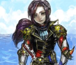  androgynous armor bad_drawr_id bad_id faris_scherwiz female final_fantasy final_fantasy_5 long_hair no+bi= ocean oekaki ponytail purple_hair reverse_trap solo 