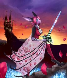  anthro bat biped castle cliff clothing crystal dagger_leonelli detailed_background digitigrade evening eye_patch eyewear female flower fur hair knight looking_at_viewer mammal melee_weapon membrane_(anatomy) membranous_wings nyxis petals pink_body pink_fur pink_hair plant realistic_wings rose_(flower) royalty solo standing star sword uniform vines warrior weapon winged_arms wings 