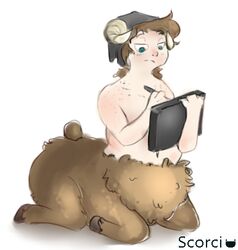  2015 blue_eyes blush bovid bovid_taur caprine caprine_taur domestic_sheep drawing freckles fur hair horn human low_res lying male mammal mammal_taur nude overweight relaxing scorci sheep sheep_taur simple_background sitting solo split_form taur white_background 