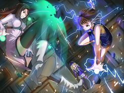  3girls action battle black_shirt casual commentary debris duel electricity electrokinesis energy energy_ball energy_barrier frenda_seivelun glowing hand_up hikari123456 indoors long_hair magnetism medium_hair metal misaka_mikoto mugino_shizuri multiple_girls official_alternate_color photoshop_(medium) plasma psychic science_fiction shirt short_shorts short_sleeves shorts symbol-only_commentary toaru_kagaku_no_railgun toaru_kagaku_no_railgun_s toaru_majutsu_no_index 