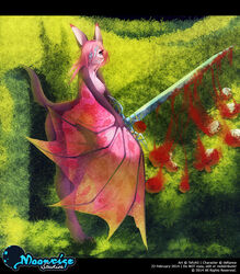  anthro avoid_posting bat blood bodily_fluids crystal eye_patch eyewear female flower fur garden hair looking_at_viewer mammal melee_weapon membrane_(anatomy) membranous_wings nude nyxis pink_body pink_fur pink_hair plant purple_eyes realistic_wings rose_(flower) smile solo sword tofu93 vines weapon wings 