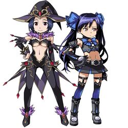  2girls artist_request black_hair blue_hair bow breasts brown_eyes choujigen_game_neptune cleavage compile_heart cosplay embarrassed female flat_chest hairbow hat idea_factory idolmaster imai_asami kami_jigen_game_neptune_v kisaragi_chihaya long_hair magiquone magiquone_(cosplay) midriff miura_azusa multiple_girls navel neptune_(series) noire noire_(cosplay) red_eyes seiyuu_connection short_hair smile standing takahashi_chiaki tomonotomono twintails 