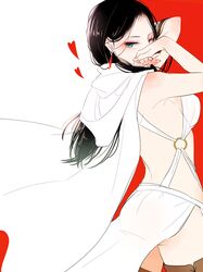  armpits arslan_senki black_hair blush breasts commentary_request earrings eyelashes falangies female green_eyes jewelry large_breasts lips long_hair looking_at_viewer nmunco pale_skin simple_background solo standing 