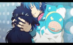  16:10 2012 allmate aoba_seragaki black_bars black_body black_fur blue_hair canid canine canis closed_eyes clothed clothing collar cuddling domestic_dog dramatical_murder duo electronics feral fur hair headphones human letterbox long_hair male mammal nitro+chiral nuzzling official_art ren_(dmmd) size_difference smile torao_asada widescreen 