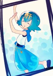  ^_^ arms_up bad_id bad_pixiv_id bare_arms bare_shoulders black_one-piece_swimsuit blue_footwear blue_hair blue_pants blue_sailor_collar closed_eyes commentary_request eyebrows female fingernails flat_chest hairband highres lana_(pokemon) leg_up one-piece_swimsuit open_mouth pants pokemon pokemon_sm pose reiesu_(reis) ribbon-trimmed_clothes ribbon-trimmed_pants ribbon_trim sailor_collar sandals shirt short_hair sleeveless sleeveless_shirt solo standing standing_on_one_leg swimsuit swimsuit_under_clothes teeth white_shirt yellow_hairband z-crystal z-move z-move_trainer_pose 