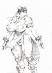  bonten breasts bun_cover cameltoe capcom china_dress chinese_clothes chun-li double_bun dress female female highres huge_breasts kicking_thighs looking_at_viewer monchrome monochrome pantyhose pelvic_curtain scan short_hair smile solo street_fighter thick_thighs thighs toned traditional_media 