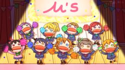  april_fools ayase_eli character_doll cheering commentary confetti hoshizora_rin in-franchise_crossover instrument koizumi_hanayo kosaka_honoka light love_live! love_live!_school_idol_project love_live!_sunshine!! maracas minami_kotori nishikino_maki no_humans open_mouth otonokizaka_school_uniform parody pom_pom_(cheerleading) puppet school_uniform shadow shima_(mahirooon) sonoda_umi spotlight stage tojo_nozomi twitter_username winter_uniform yazawa_nico 