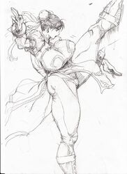  bonten breasts bun_cover cameltoe capcom china_dress chinese_clothes chun-li double_bun dress female female highres huge_breasts kicking kicking_thighs monchrome monochrome pantyhose pelvic_curtain scan short_hair solo street_fighter thick_thighs thighs traditional_media 