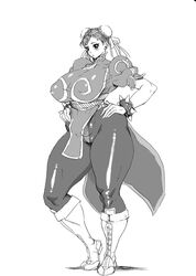  bonten breasts bun_cover cameltoe capcom china_dress chinese_clothes chun-li curvy double_bun dress female female full_body gigantic_breasts highres monchrome monochrome pantyhose pelvic_curtain scan short_hair solo street_fighter thick_thighs thighs traditional_media 