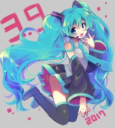  39 aqua_eyes aqua_hair bad_id bad_pixiv_id black_footwear black_thighhighs boots dated detached_sleeves female grey_background hatsune_miku headset long_hair nail_polish necktie open_mouth skirt solo thigh_boots thighhighs twintails utsunomiya_hetaru very_long_hair vocaloid 