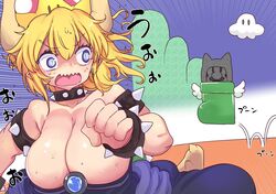  1boy alternate_color bare_shoulders blonde_hair blue_dress blue_eyes bowsette bracelet breasts brooch cleavage clenched_hands collar collarbone commentary cool-kyou_shinja crown dress emphasis_lines facial_hair female fleeing gameplay_mechanics goomba&#039;s_shoe hair_between_eyes horns huge_breasts jewelry looking_back mario mario_(series) motion_lines moustache new_super_mario_bros._u_deluxe open_mouth pointy_ears scared shiny_skin sidelocks slit_pupils spiked_bracelet spiked_collar spikes strapless strapless_dress super_crown super_mario_bros._3 tanuki_mario tanuki_suit upper_body 