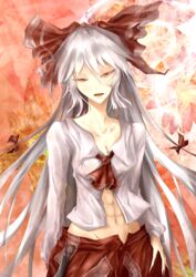  abs ascot bad_id bad_pixiv_id breasts cleavage collarbone colored_eyelashes female flower fujiwara_no_mokou hair_ribbon half-closed_eyes highres long_hair medium_breasts no_bra no_panties noah_(yakumo3903) open_fly orange_eyes ribbon solo touhou unzipped very_long_hair 