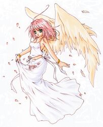  bracelet commentary_request dress feathers female full_body green_eyes harpy_(puyopuyo) jewelry madou_monogatari mugetsu_(arado234) navel petals pink_hair puyopuyo short_hair smile solo white_background white_dress wings 