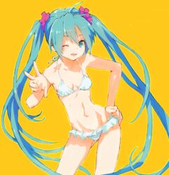  aqua_eyes aqua_hair bikini commentary_request female hand_on_own_hip hatsune_miku long_hair mamama one_eye_closed simple_background smile solo swimsuit twintails v very_long_hair vocaloid white_bikini yellow_background 